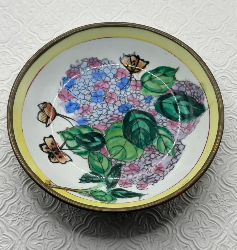 Hong Kong Hand~Painted Japanese Porcelain Enamel Brass Dish, Flowers, Butterfly