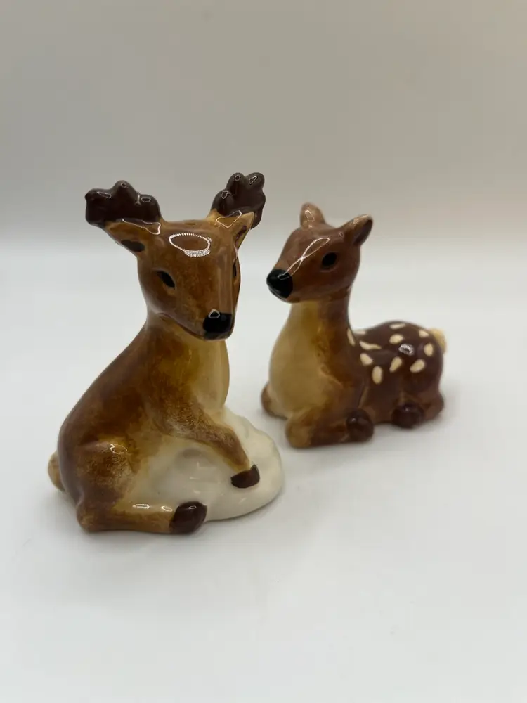 Woodland Rustic Stag Buck Doe Fawn Deer Salt and Pepper Shakers Ceramic