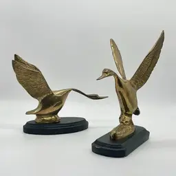 Brass Ducks On Wooden Stands (set of 2) | 7”