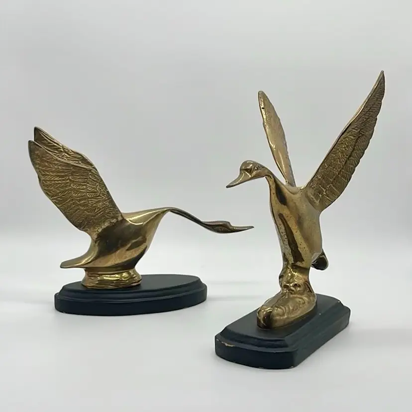 Brass Ducks On Wooden Stands (set of 2) 7”