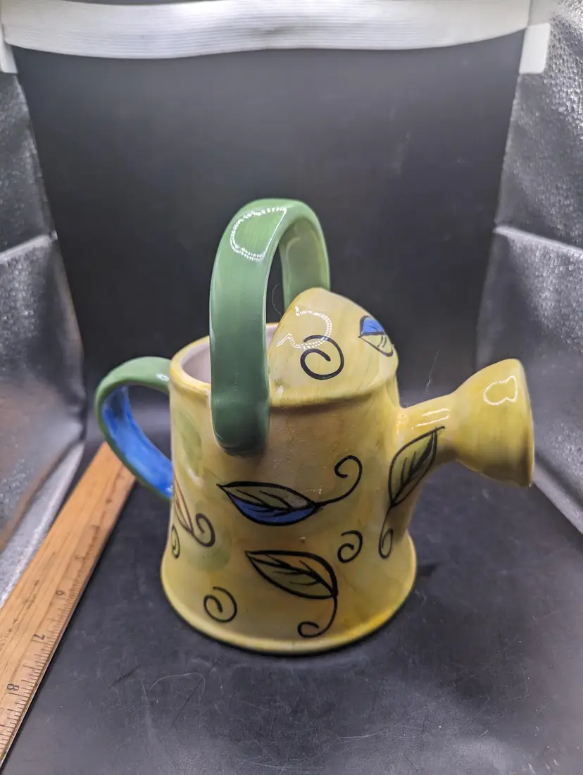 Whimsical Watering Can Planter Frog Motif Ceramic Green Yellow & Blue Garden Nature Decor
