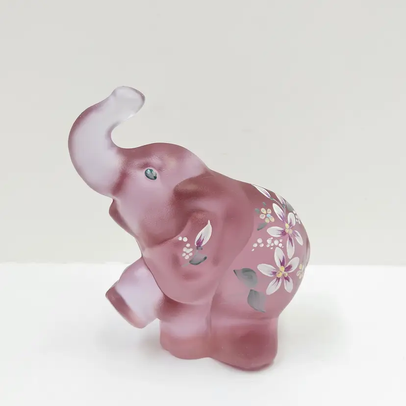 Fenton 4" Rose Pink Satin Glass Hand Painted Elephant Figurine