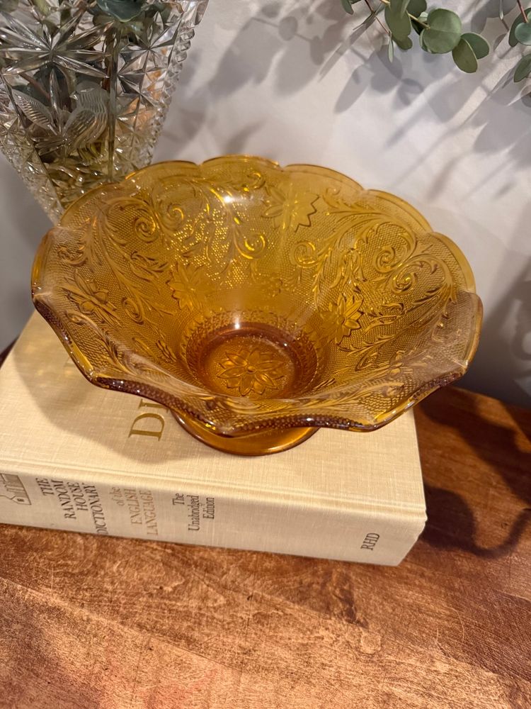 Amber Tiara Indiana Glass Footed 10" Ruffled Console Bowl