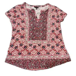 Lucky Brand Top L Rust Cream Blue Bagh Print Cap Sleeve V-neck Bohochic Casual