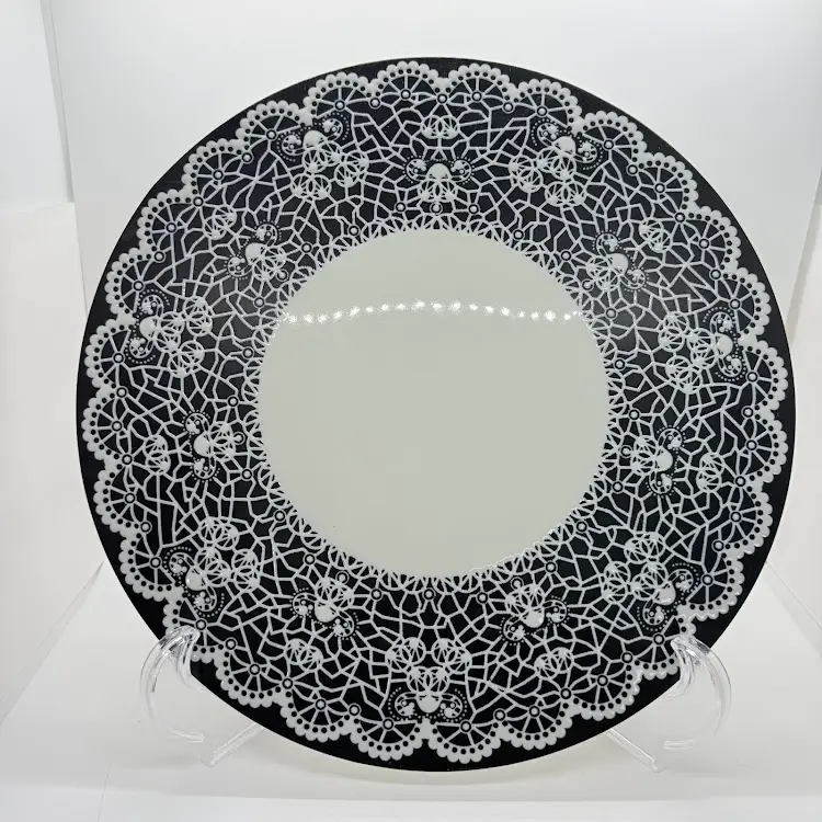 Morelia Ceramic Cake Plate Platter Black White Lace Crate and Barrel 11.5"
