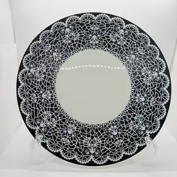 Morelia Ceramic Cake Plate Platter Black White Lace Crate and Barrel 11.5"