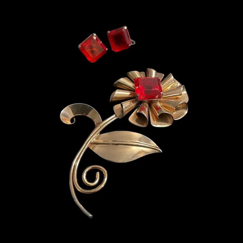 Vintage Sterling Flower Brooch - Red Square Crystal - Rolled Petals - Gold Tone (vermeil or gold plate) and earrings Stamped Sterling.
