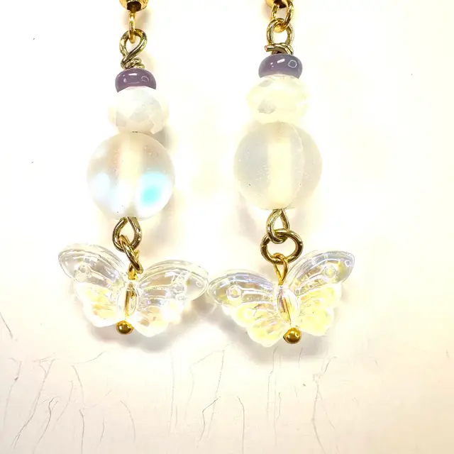 Butterfly Clear Glass Charm Glass Accent Beads Gold Tone Handmade Dangle Earrings 1.75”L Made By Me