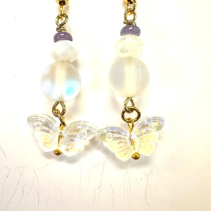 Butterfly Clear Glass Charm Glass Accent Beads Gold Tone Handmade Dangle Earrings 1.75”L Made By Me
