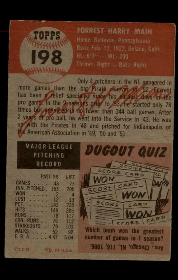 1953 Topps #198 Forrest Main - (pk-tl1) - Pittsburgh Pirates