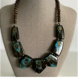 Vintage Turquoise and Brown Marbled Lucite Statement Necklace with Copoer Wire Inclusions