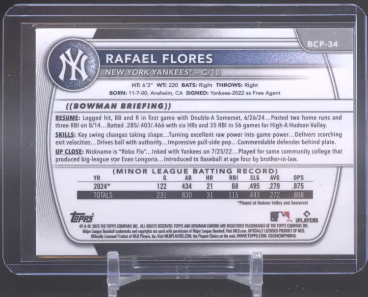 2025 Bowman Chrome Fuchsia Wave Refractor /199, Rafael Flores, New York Yankees