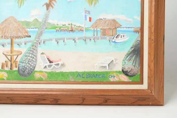 Original Folk Art Oil Painting Tropical Beach Tiki Huts Ocean Signed & Framed