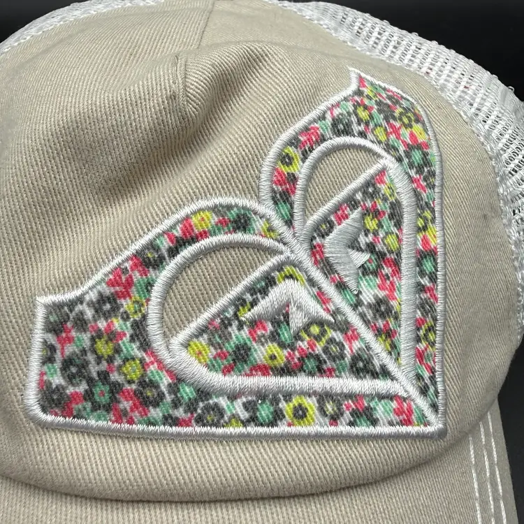 Roxy Hat Womens Baseball Cap Logo Floral Tan White Mesh Snapback Adjustable