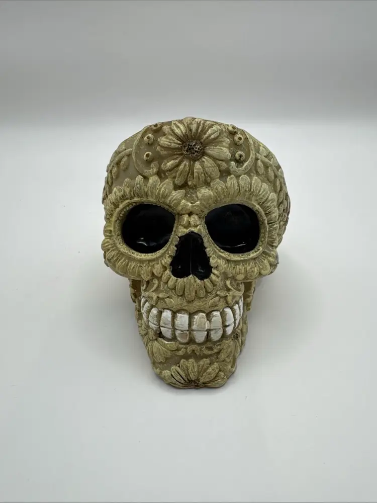 Floral Beige Poly Resin Sugar Skull Ashtray