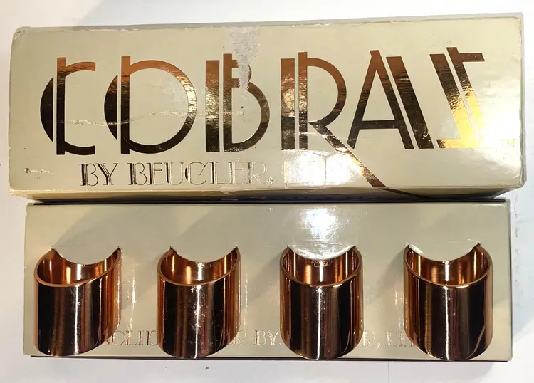 Cobras Beucler Brass Copper Napkin Rings In Box Four 4 Vintage MCM USA Made NOS