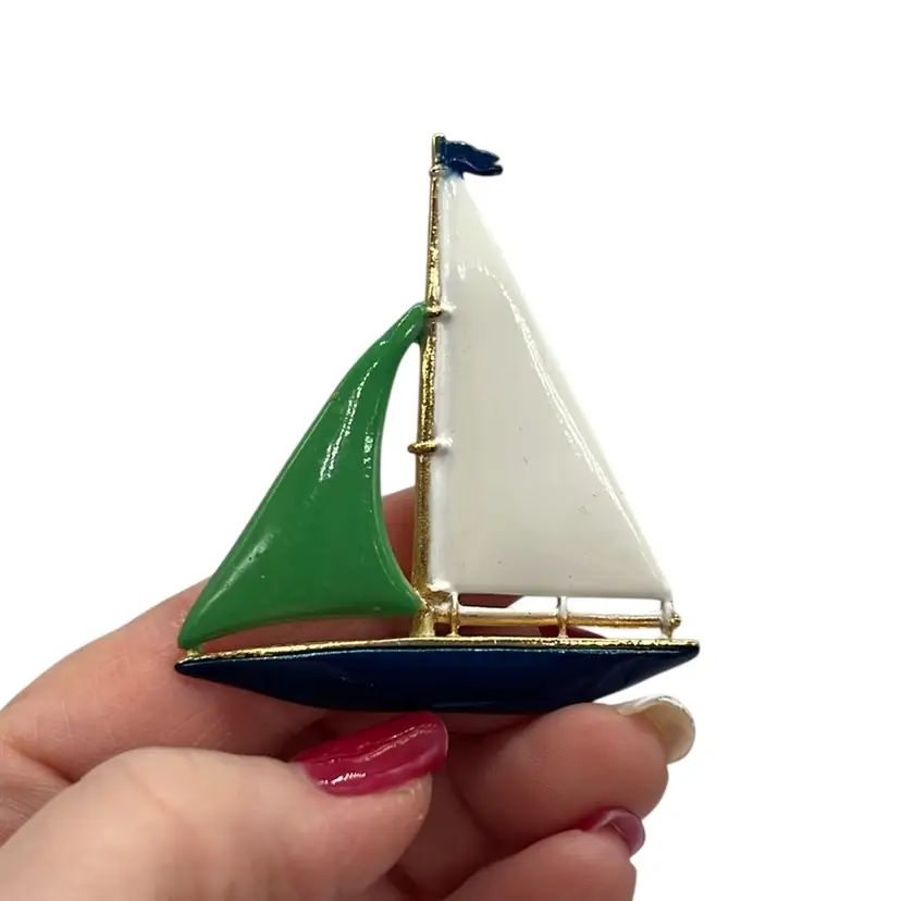 Nautical Sailboat Brooch Green White Blue Enameled Gold Tone Vintage | 2”