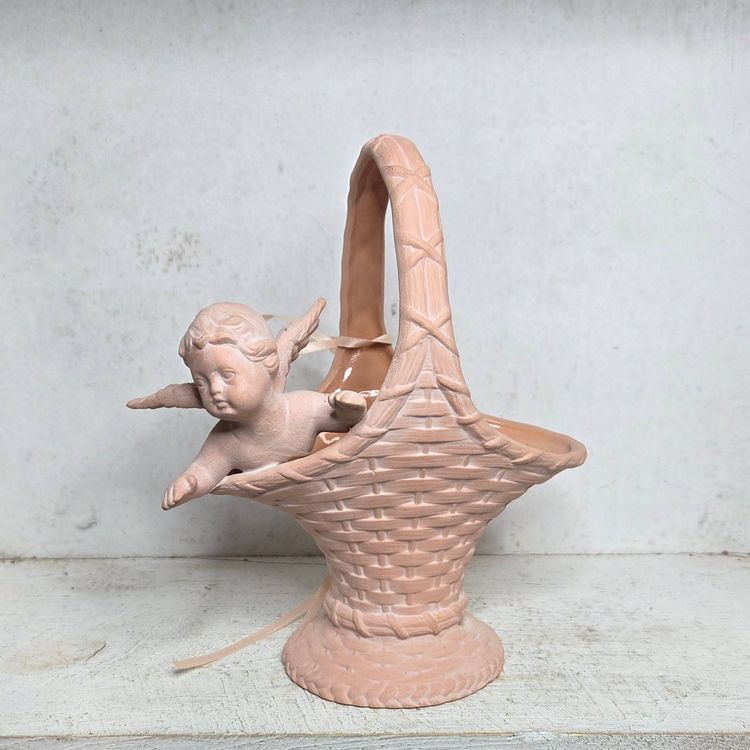 Vintage Ceramic Basket With Cherub Angel Cupid