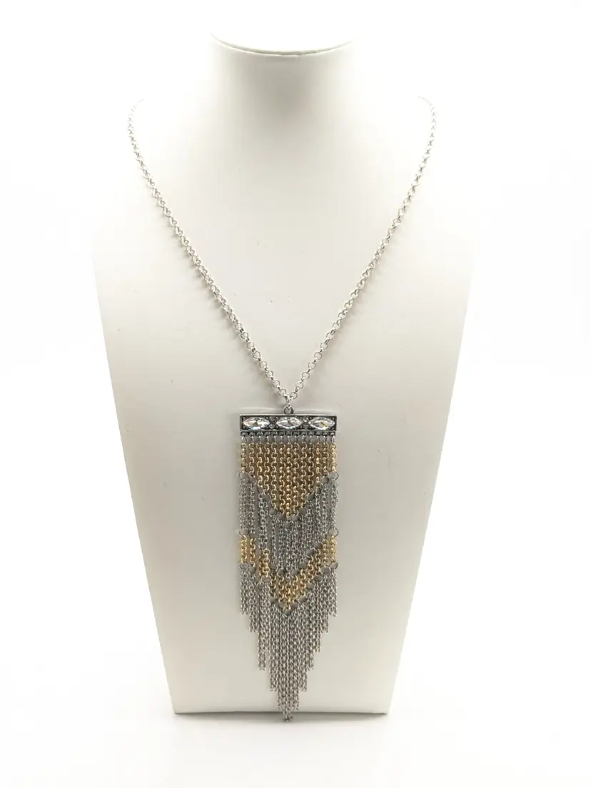 Silver and Gold Tone Rhinestone Fringe Necklace NWT