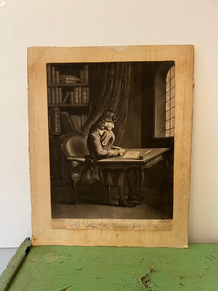 Voltaire Engraving from the Mid 1800s. Monsieur de Voltaire Print - London Voltaire at His Writing Desk. L Sen. Engraver- Houston fec.