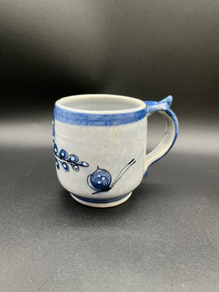 Blue Mexican Tonala Folk Art Pottery Floral Mug With Thumb Rest 3.5”☕️