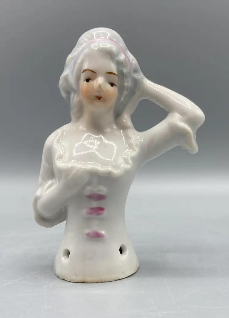 Porcelain Top Half Doll Lady Figurine Pin Cushion/Whisk Handle - Japan - Pink - Vintage