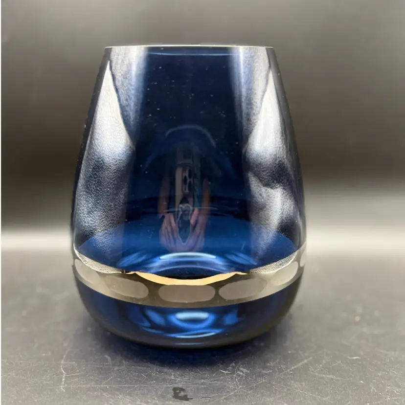 MCM Cobalt Blue FTD Glass Tear Drop Vase With Silver Etched Band
