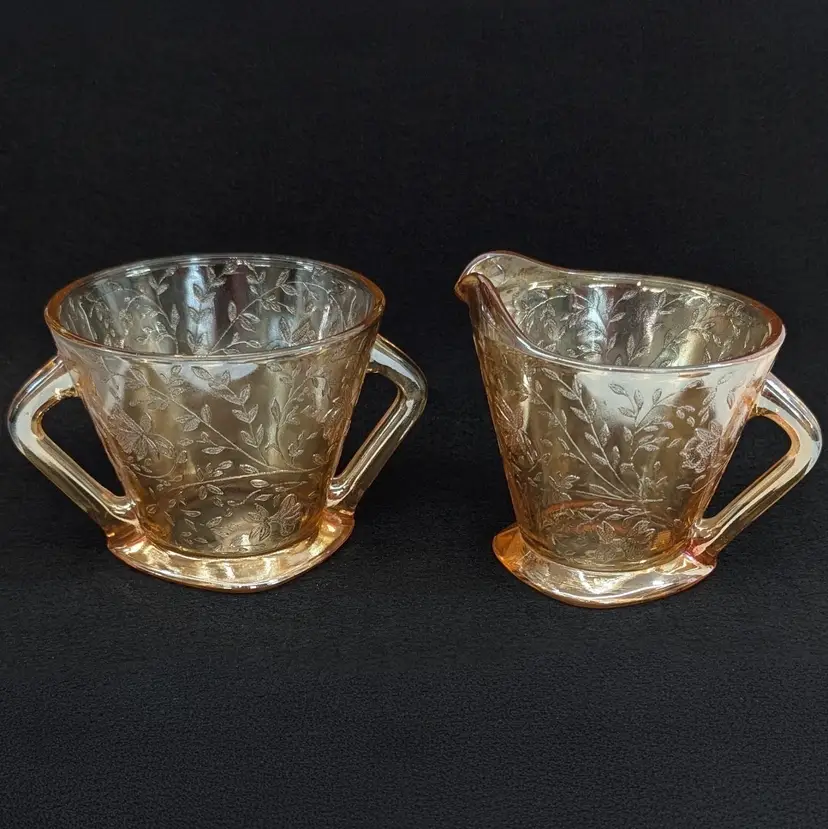 Vintage Jeannette Glass Floragold Louisa Sugar Bowl & Creamer Set 1950's