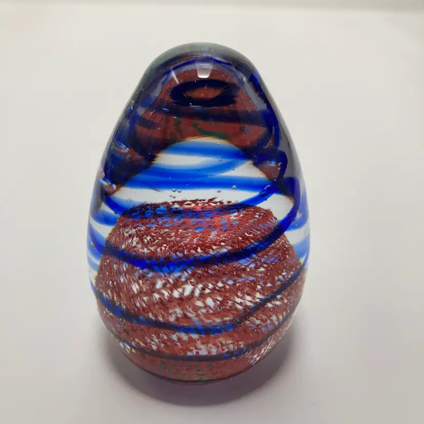 Blue Swirl And Red Weave Controlled Bubbles Glass Paperweight! 3” Tall x 2” Wide!