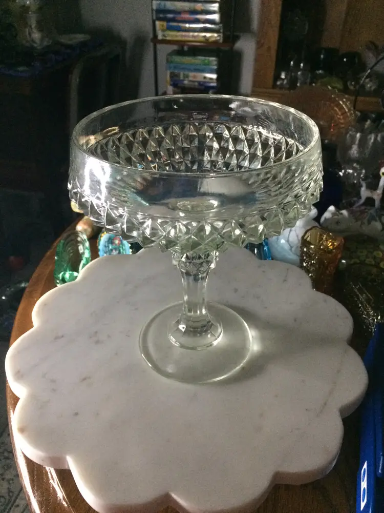 Vintage Indiana Glass Diamond Point Pedestal Bowl  6" wide x 7 1/4" tall.