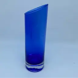 #0231 Handblown cobalt blue glass vase with an angled rim.