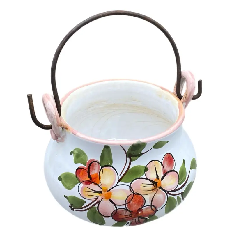 Vintage Italian Pottery Cache Pot Floral Metal Handle CottageCore