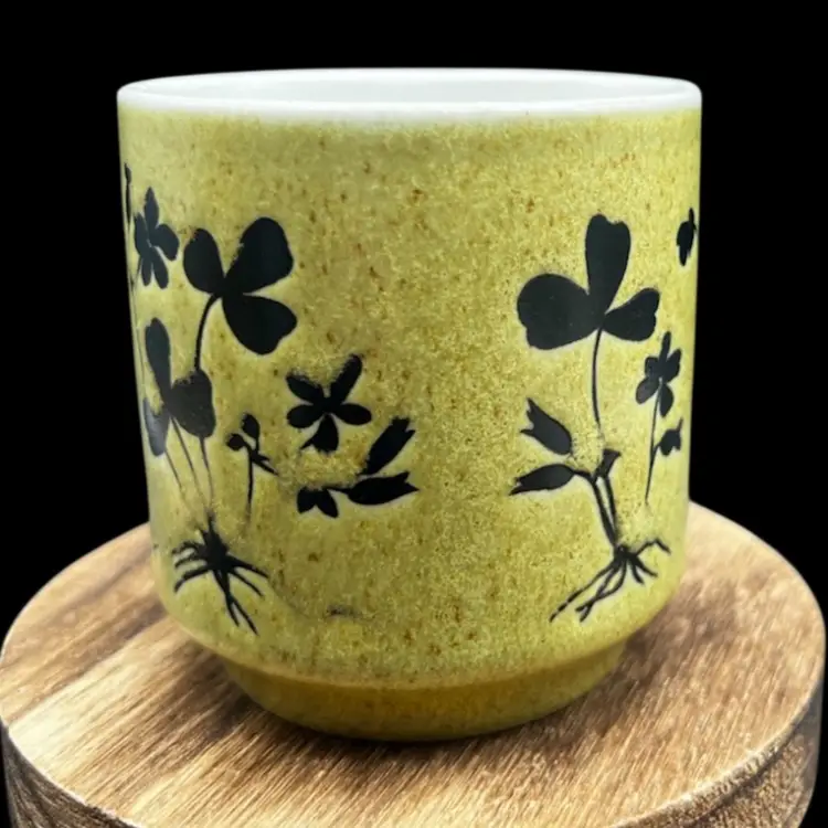 #237B Vintage Stoneware Coffee Mug With Shamrocks/Flowers Made In Japan  
1970’s MCM Style
