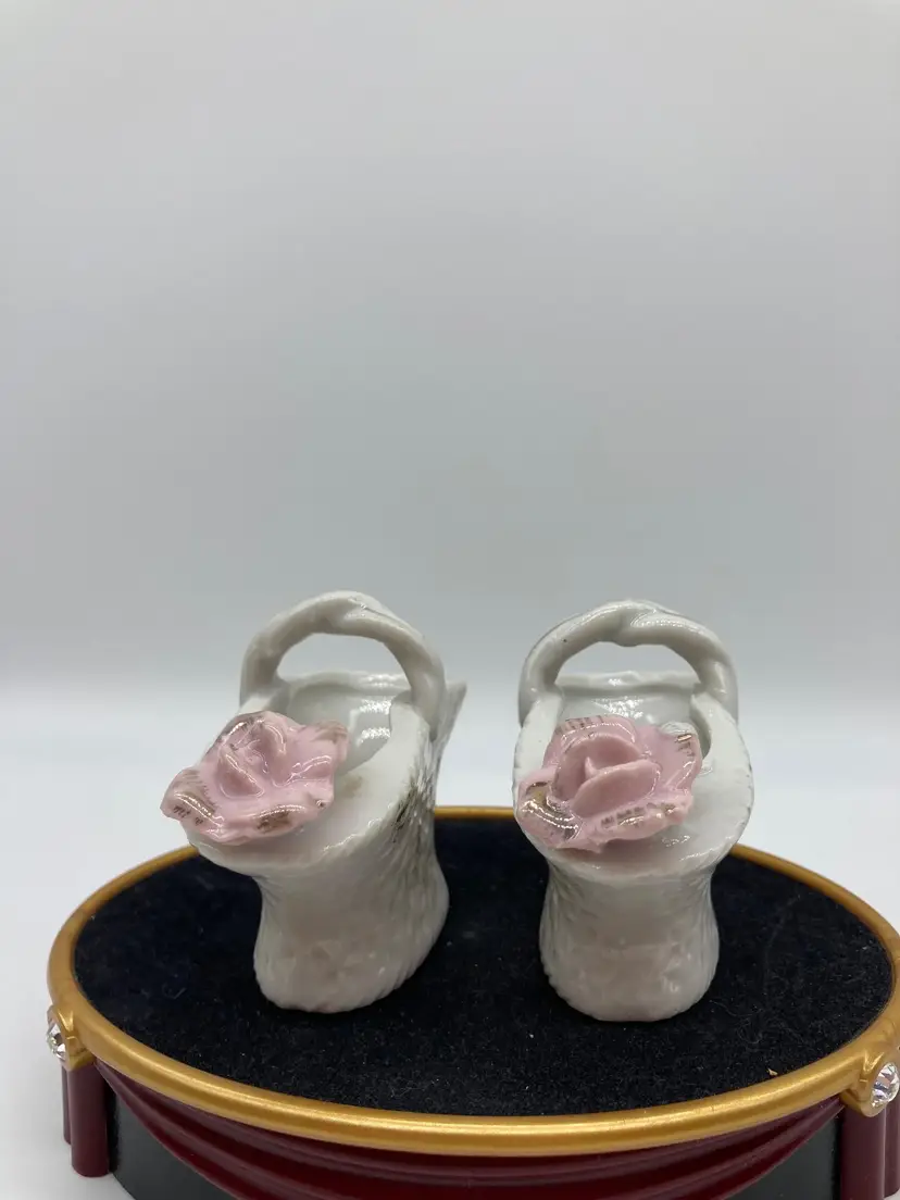 2 Vintage Small White Basket Figurine 
w/Pink Rose Flower - From 1950s