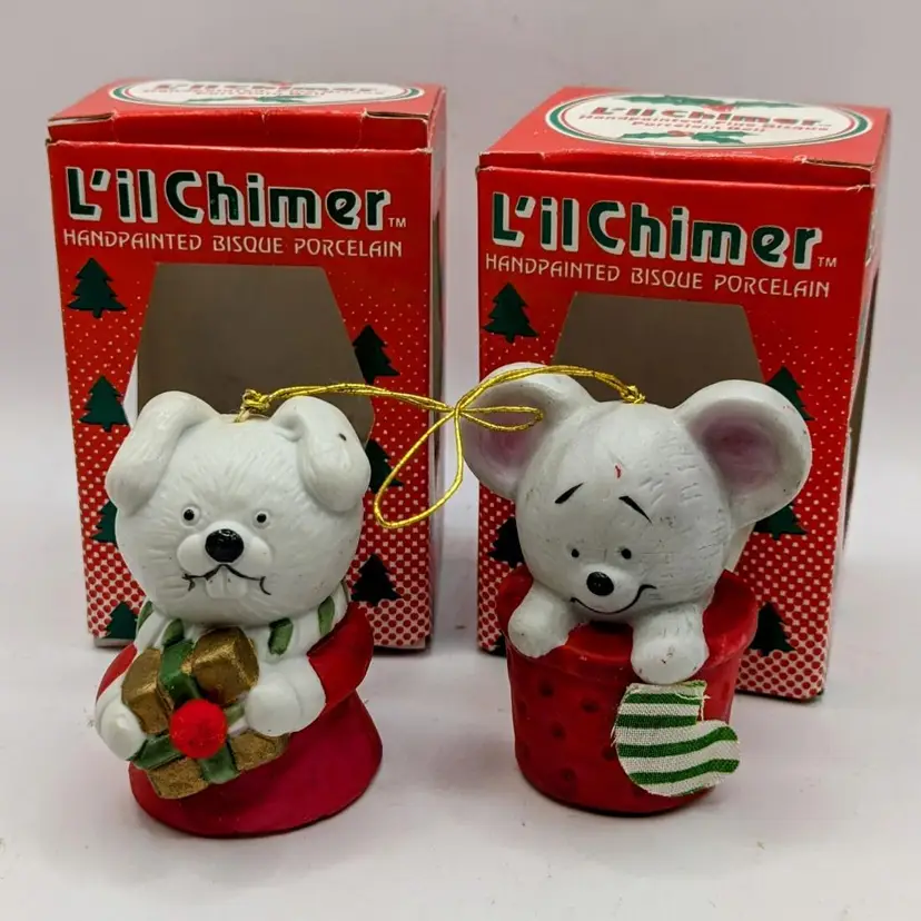 Pair of Vintage Jasco L'il Chimers Bisque Porcelain Christmas Bell Ornaments