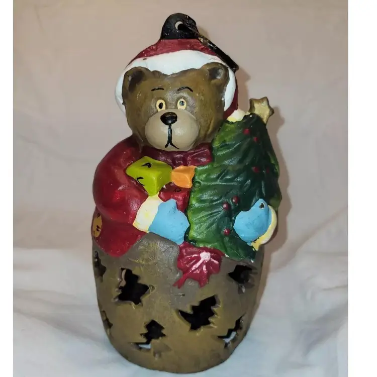 Vintage Cast Iron Hand Painted Christmas Bear Candle Tealight Lantern