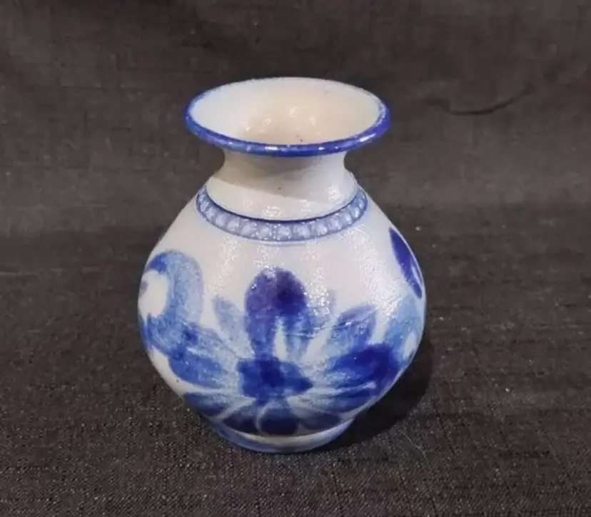 Vintage German Handarbeit Salt Glazed Stoneware Vase Blue Cobalt Flowers 100/8