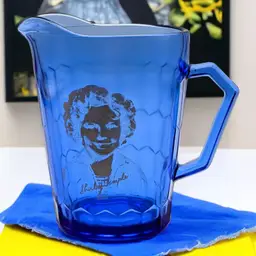 Vintage Shirley Temple 4.5” Tall Blue Cobalt Glass Pitcher Creamer Hazel Atlas