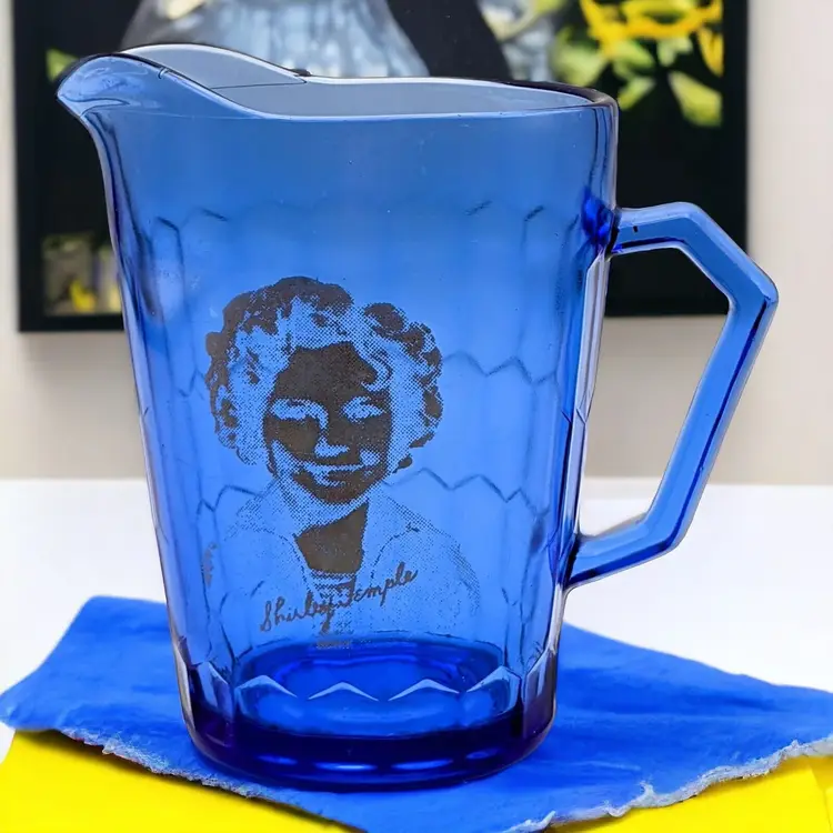 Vintage Shirley Temple 4.5” Tall Blue Cobalt Glass Pitcher Creamer Hazel Atlas
