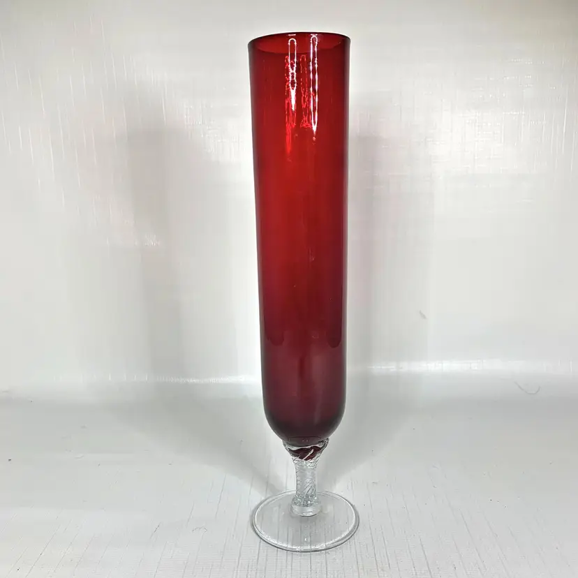 Hand Blown Ruby Red Vase Glass Cylinder Pedestal Bud Cottage Core Vintage
