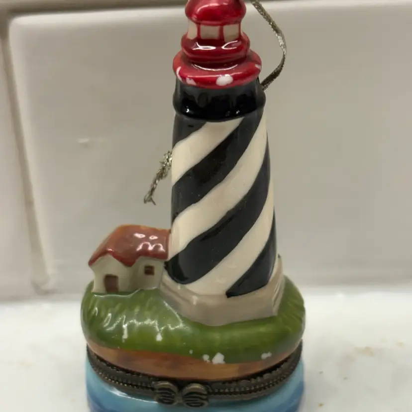 Lighthouse Hinged Trinket Hidden Box Ceramic Ivory And Black