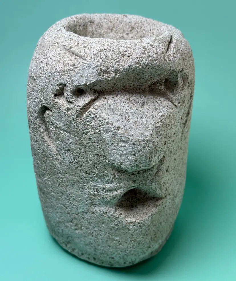 Anthropomorphic Carved Stone Head Sculpture Candle Holder Moai Primitive Idol