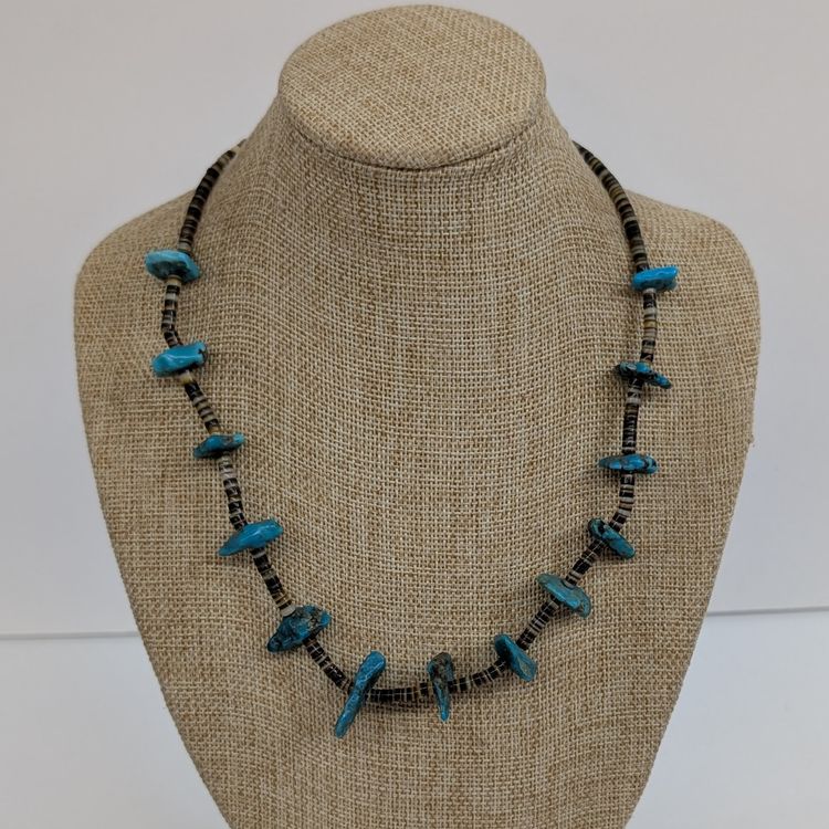 Vintage Santo Domingo Sterling Heishi Turquoise Tab Nugget Beaded Necklace 17”