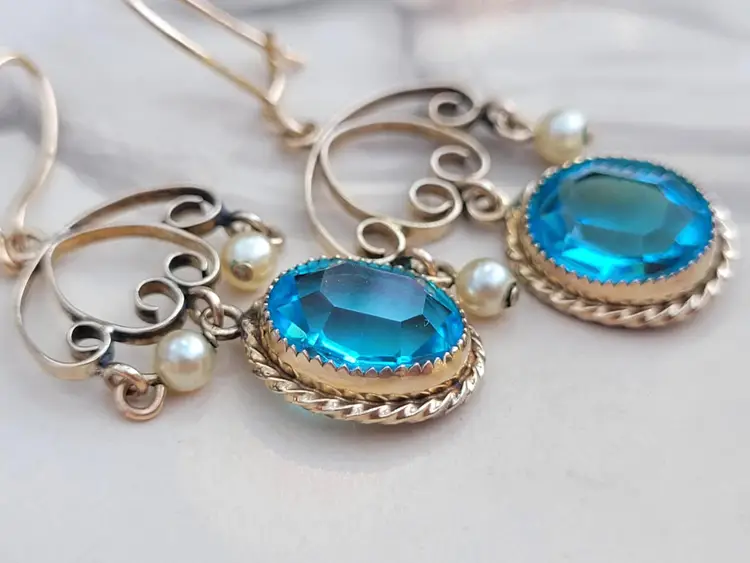 Vtg 10k Gold Sky Pearl Blue Stone Chandelier Victorian Style Drop Earrings - 3g