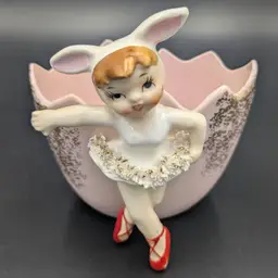 Vintage Lefton Bunny Ballerina in a Tutu with Spaghetti Trim Wall Pocket