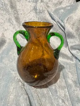 13. Handblown Bubbled Glass Amber Vase with Green Handles