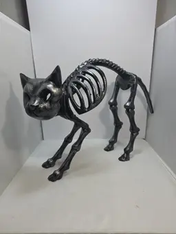 Skeleton Cat Halloween Decor Black Metal 17" Large Gothic Display