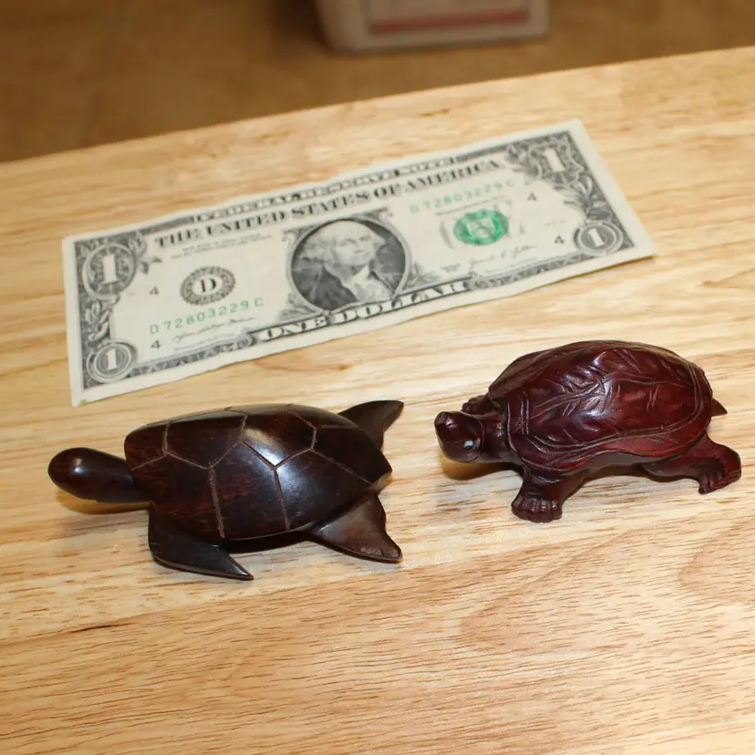 Pair of Hand-Carved Wooden Turtle Figurines