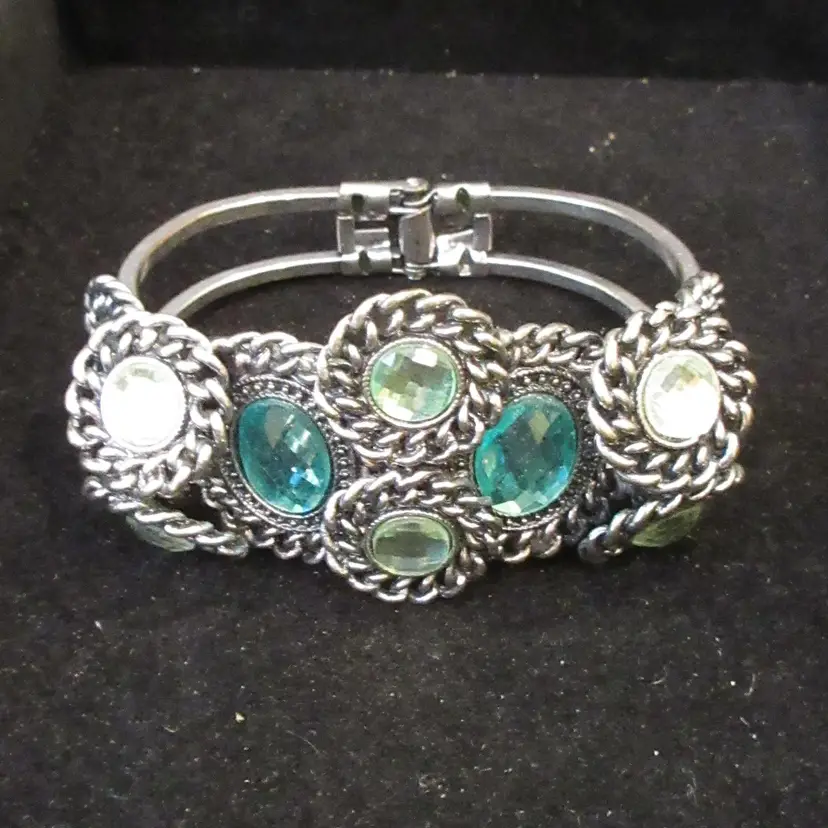 Vintage Silver Tone Metal and Turquoise Rhinestone Hinged Cuff Bracelet - 7.5 inch Diameter 1990s