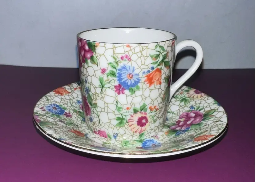Vintage Lefton Multicolor Floral Chintz Demitasse And Saucer